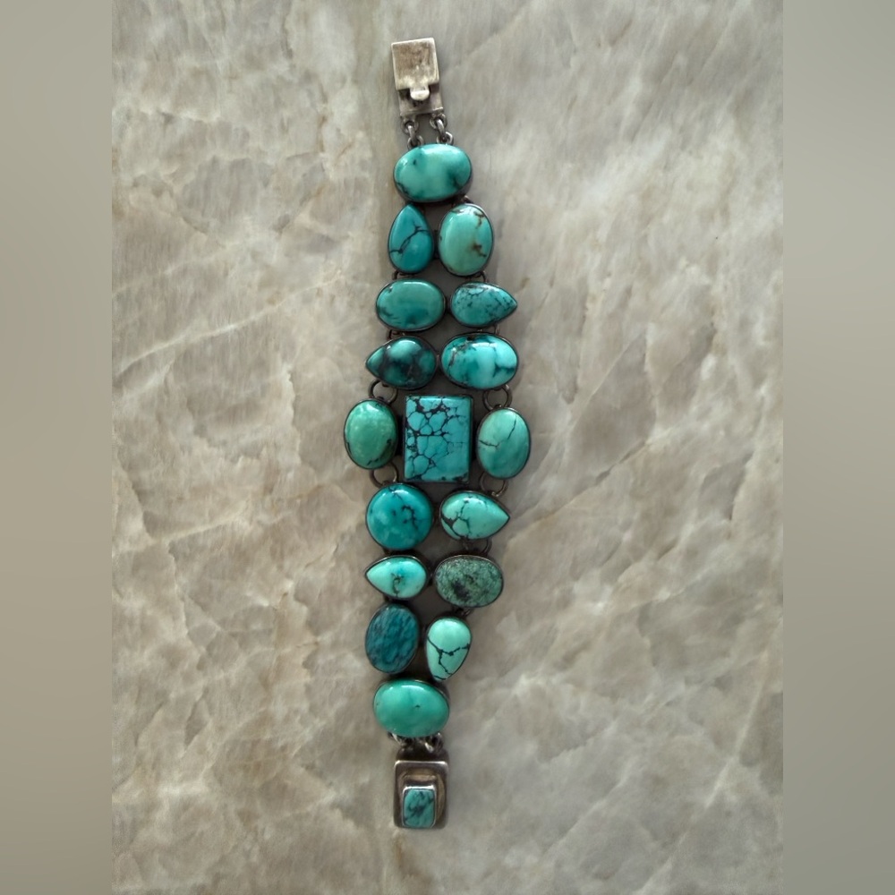 Sterling Silver Multi‑Stone Turquoise Cabochon Link Bracelet | 74.75g | 925
